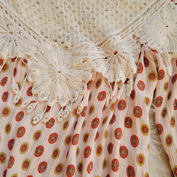 Tassels Lace Dress Cream Orange Paisley Boho Long Sleeve Crochet Peasant Neck S - Picture 3 of 10